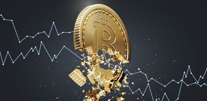 An illustration of the Bitcoin Symbol crashing.